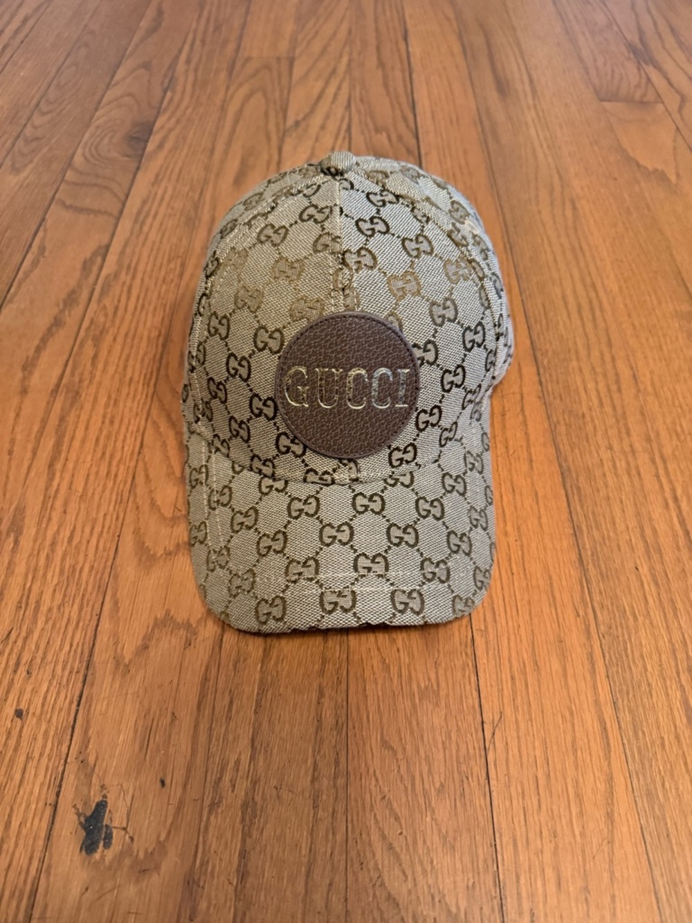 Beige GG Canvas Baseball Cap with Brown Leather Logo Patch